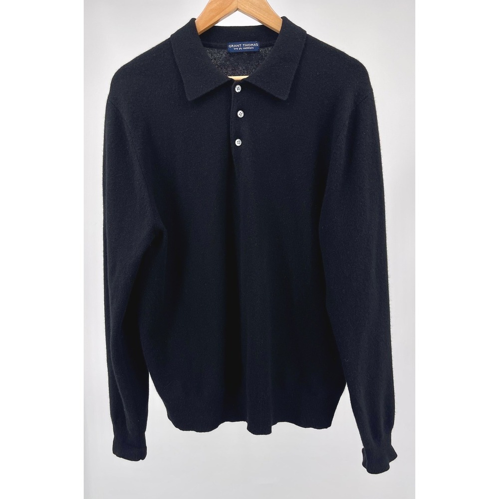 Grant Thomas Polo Sweater Mens M Black 2 Ply Cashmere 3 Button RN13711